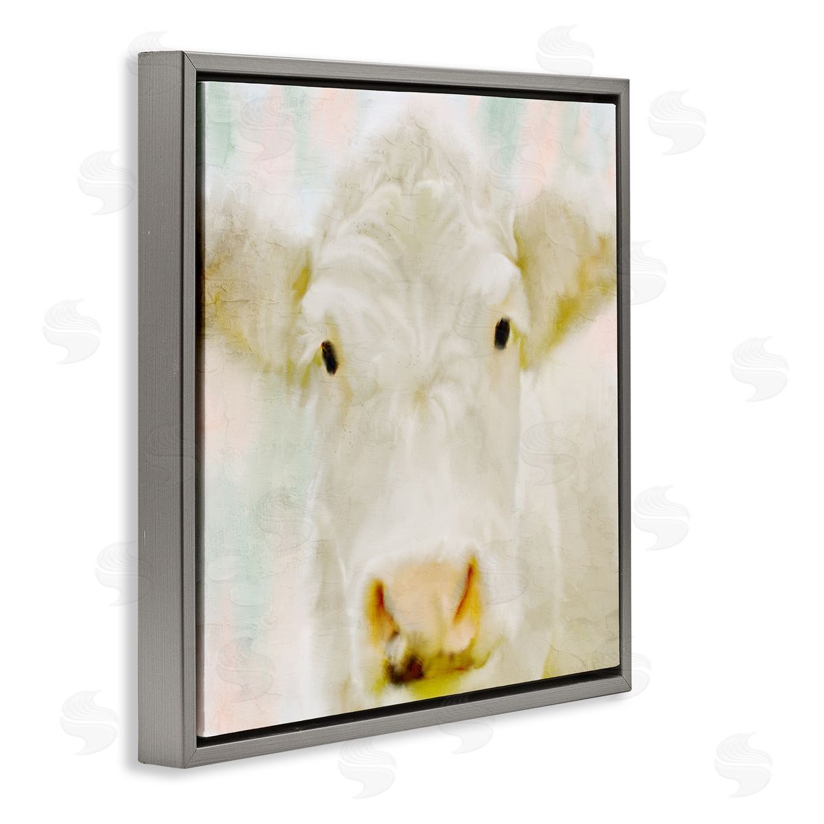 Kim Allen Soft White Cow Cattle Face Closeup Layered Background  Gray Floating Frame Canvas Wall Art Print