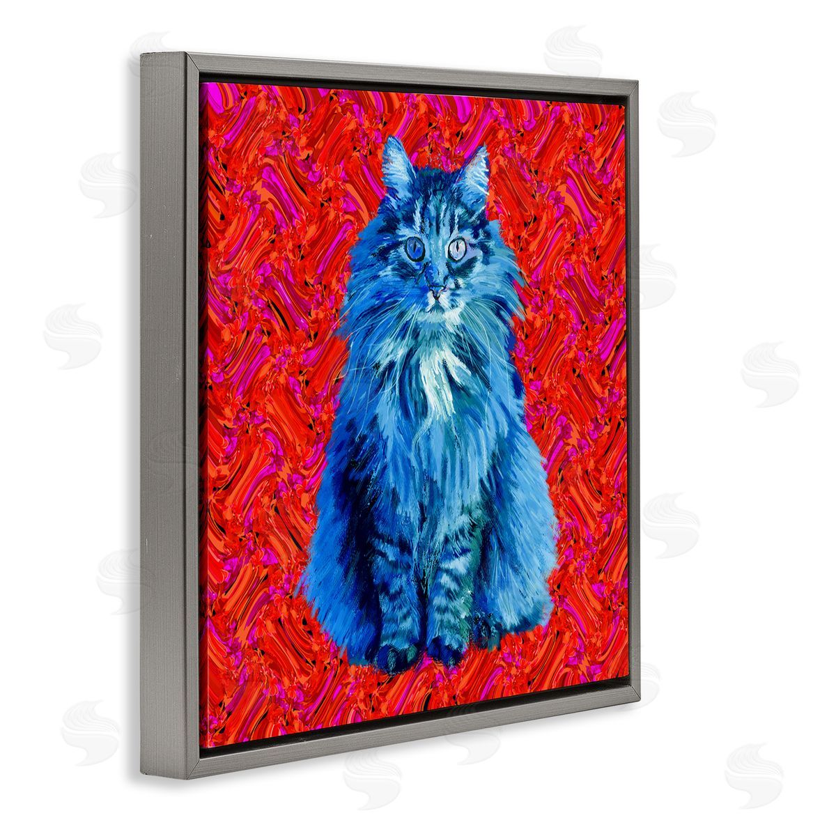 Lynnda Rakos Modern Pop Design Bold Red Blue Longhair Cat Gray Floating Frame Canvas Wall Art Print