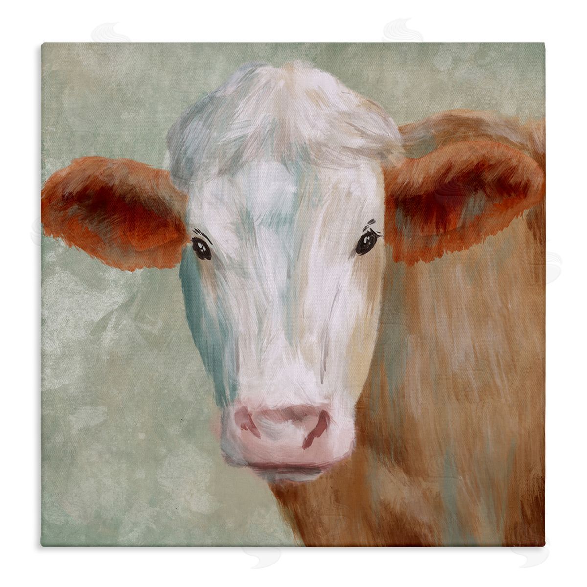 Marcus Prime Cute Brown White Farm Cow Watching Closeup Painting  Stretched Canvas Wall Art Print