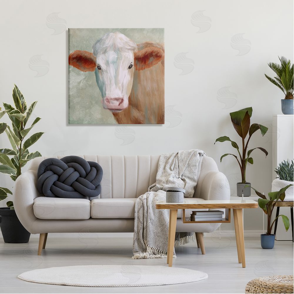Marcus Prime Cute Brown White Farm Cow Watching Closeup Painting  Canvas Wall Art in Room