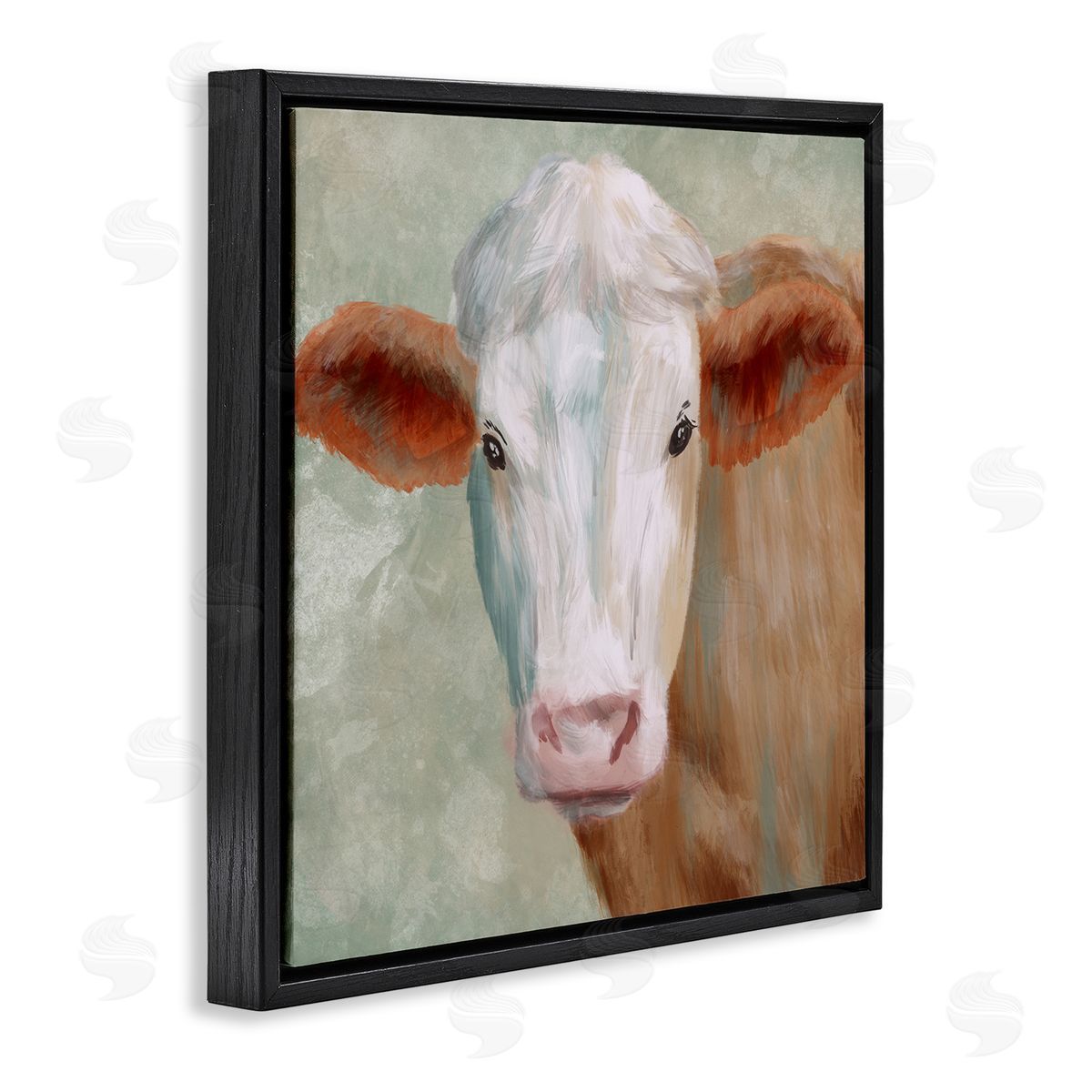 Marcus Prime Cute Brown White Farm Cow Watching Closeup Painting  Black Floating Frame Canvas Wall Art Print