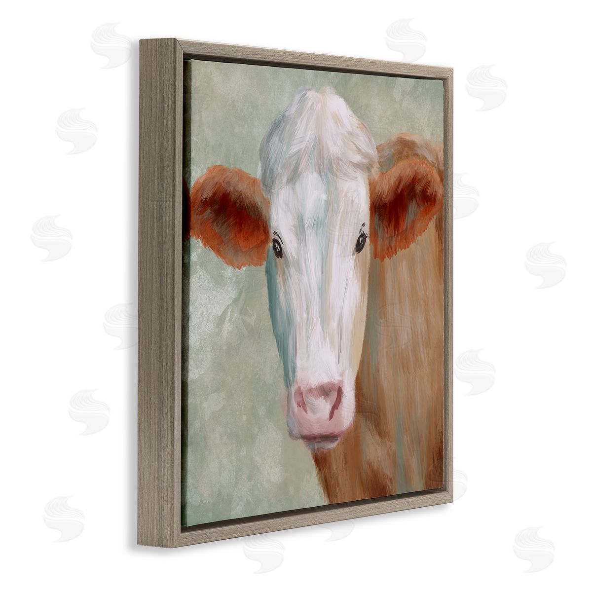 Marcus Prime Cute Brown White Farm Cow Watching Closeup Painting  Brown Floating Frame Canvas Wall Art Print