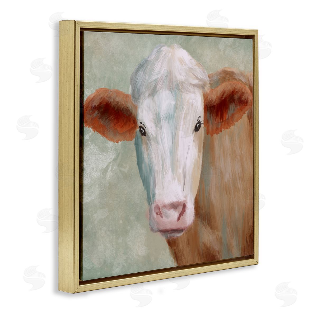 Marcus Prime Cute Brown White Farm Cow Watching Closeup Painting  Gold Floating Frame Canvas Wall Art Print