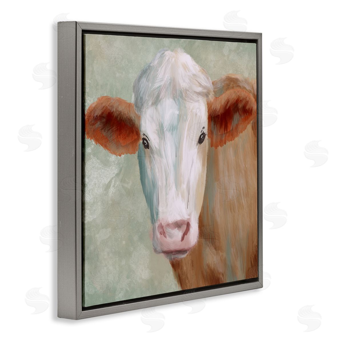 Marcus Prime Cute Brown White Farm Cow Watching Closeup Painting  Gray Floating Frame Canvas Wall Art Print