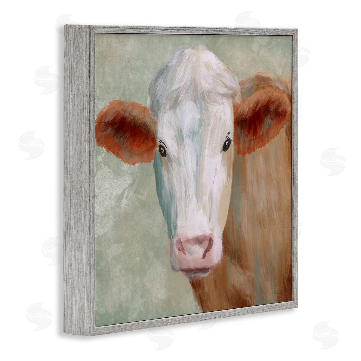 Marcus Prime Cute Brown White Farm Cow Watching Closeup Painting  Gray Framed Glicee Wall Art Print