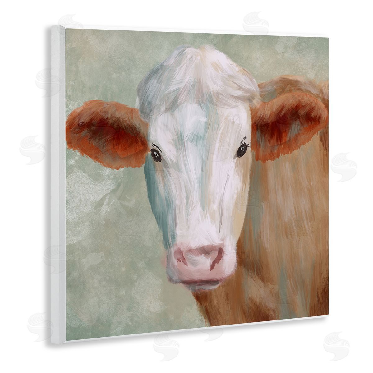 Marcus Prime Cute Brown White Farm Cow Watching Closeup Painting  Wooden Wall Plaque Art Print