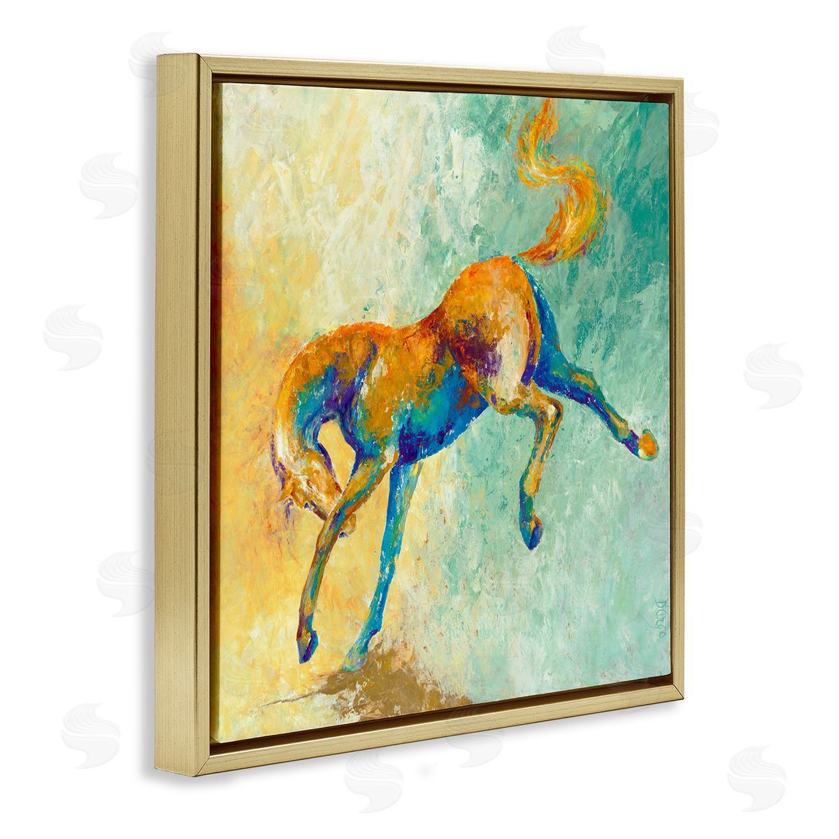 Dina D'Argo Vibrant Wild Stallion Horse Jumping Stippled Abstract Gold Floating Frame Canvas Wall Art Print