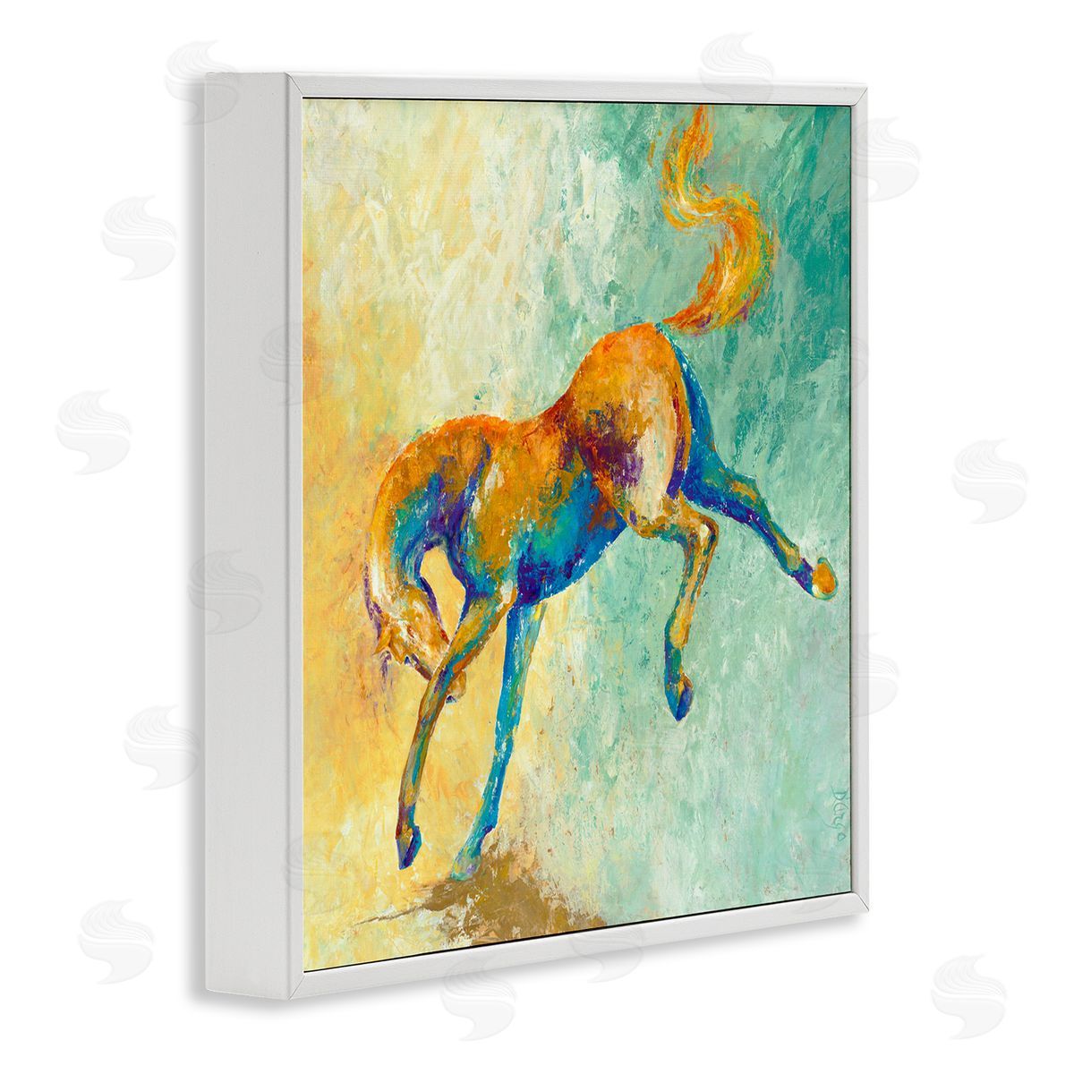 Dina D'Argo Vibrant Wild Stallion Horse Jumping Stippled Abstract White Framed Glicee Wall Art Print