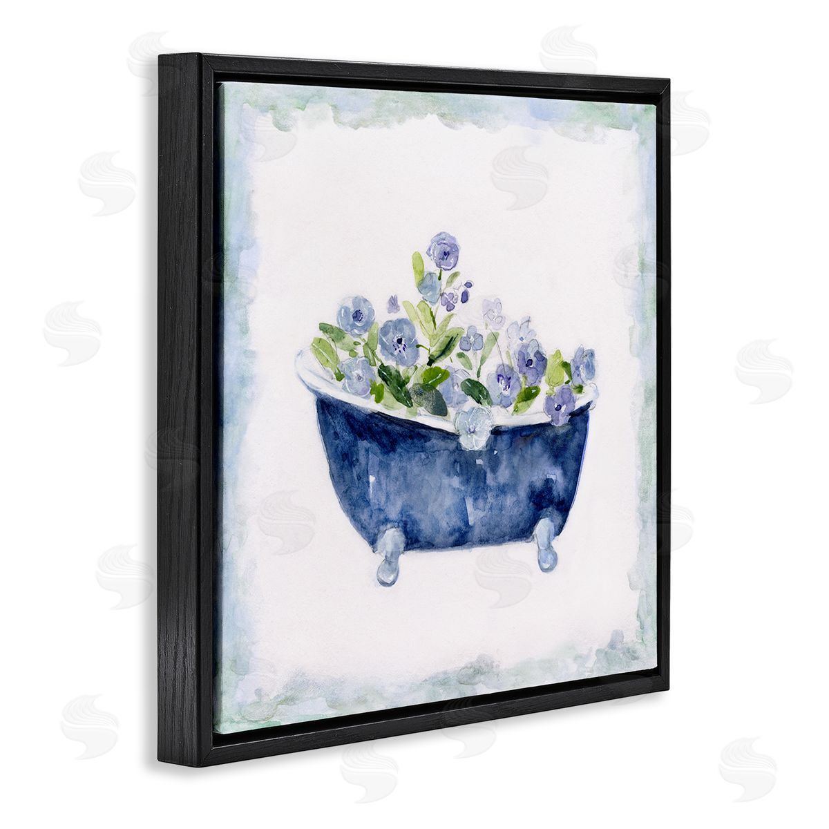 Charming Blue Bathtub Florals Black Floating Frame Canvas Wall Art, Home Decor by Sally Swatland