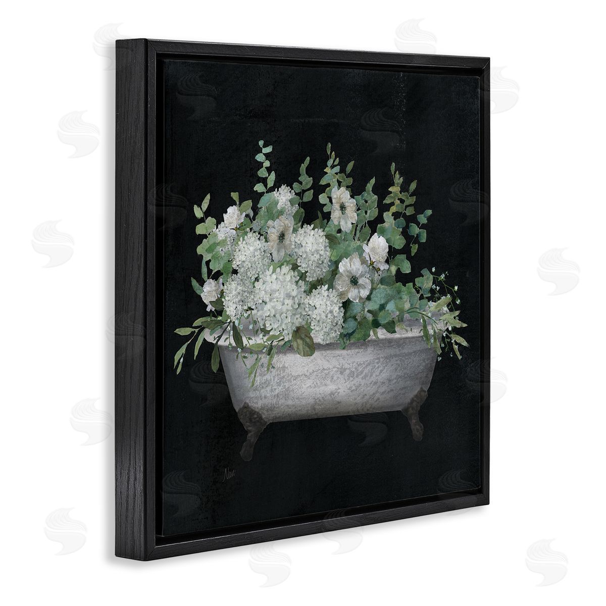 Nan Vintage Clawed Bathtub Botanical White Flower Bouquet Black Floating Frame Canvas Wall Art Print