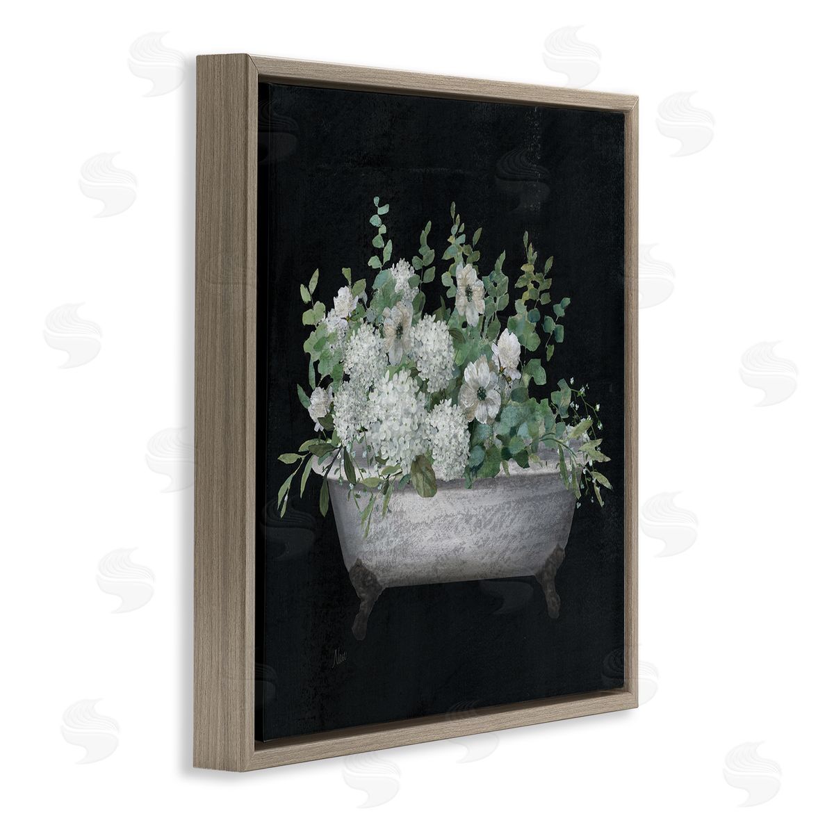 Nan Vintage Clawed Bathtub Botanical White Flower Bouquet Brown Floating Frame Canvas Wall Art Print