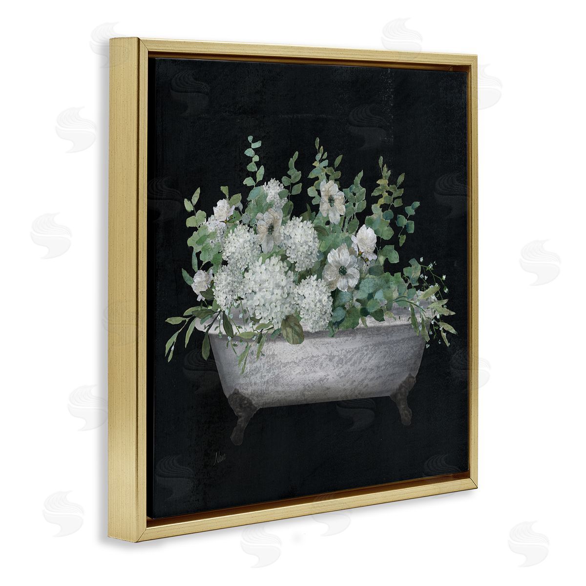 Nan Vintage Clawed Bathtub Botanical White Flower Bouquet Gold Floating Frame Canvas Wall Art Print