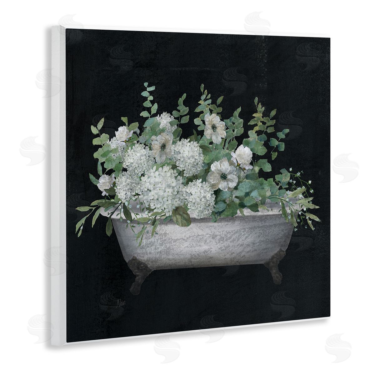 Nan Vintage Clawed Bathtub Botanical White Flower Bouquet Wooden Wall Plaque Art Print