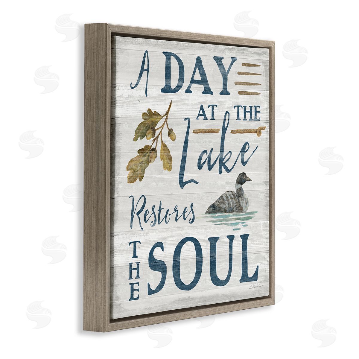 Silvia Vassileva Day At Lake Restores Soul Rustic Quote Grain Pattern  Brown Floating Frame Canvas Wall Art Print