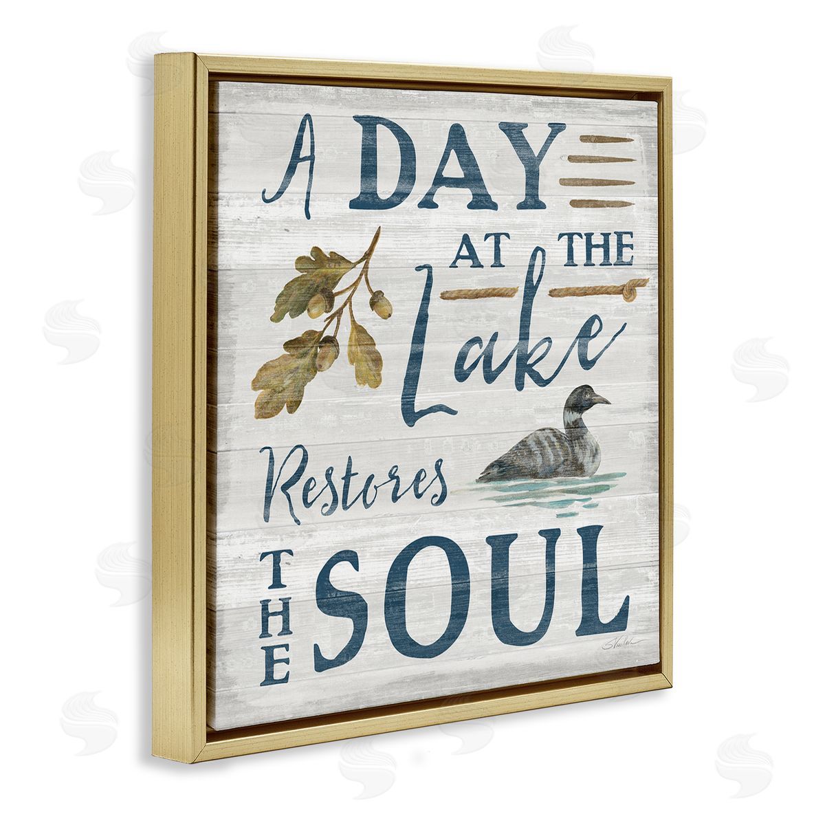 Silvia Vassileva Day At Lake Restores Soul Rustic Quote Grain Pattern  Gold Floating Frame Canvas Wall Art Print
