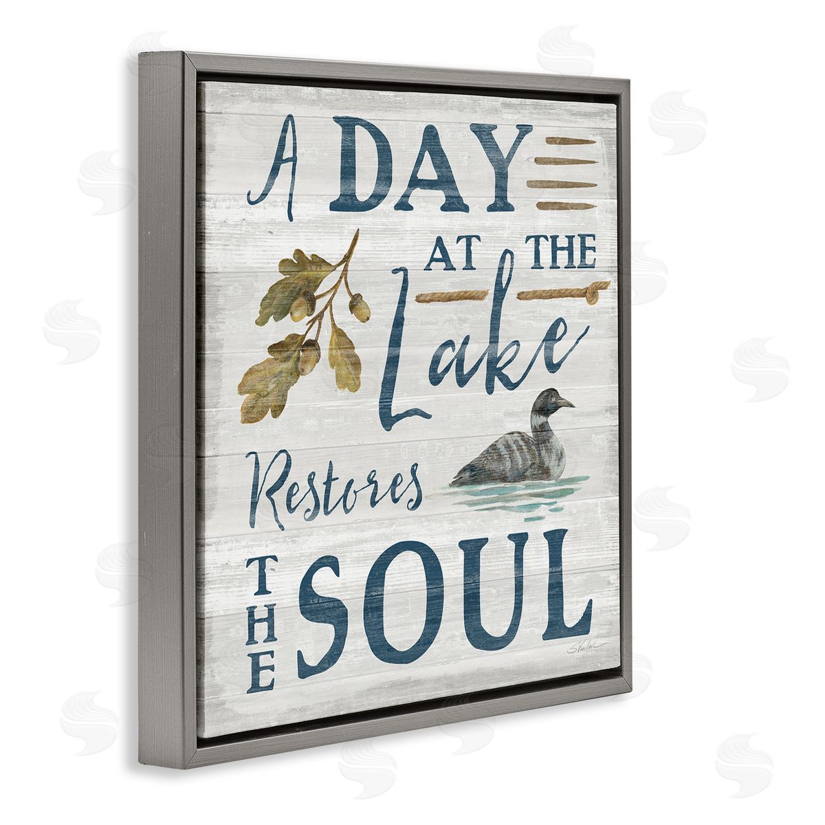 Silvia Vassileva Day At Lake Restores Soul Rustic Quote Grain Pattern  Gray Floating Frame Canvas Wall Art Print