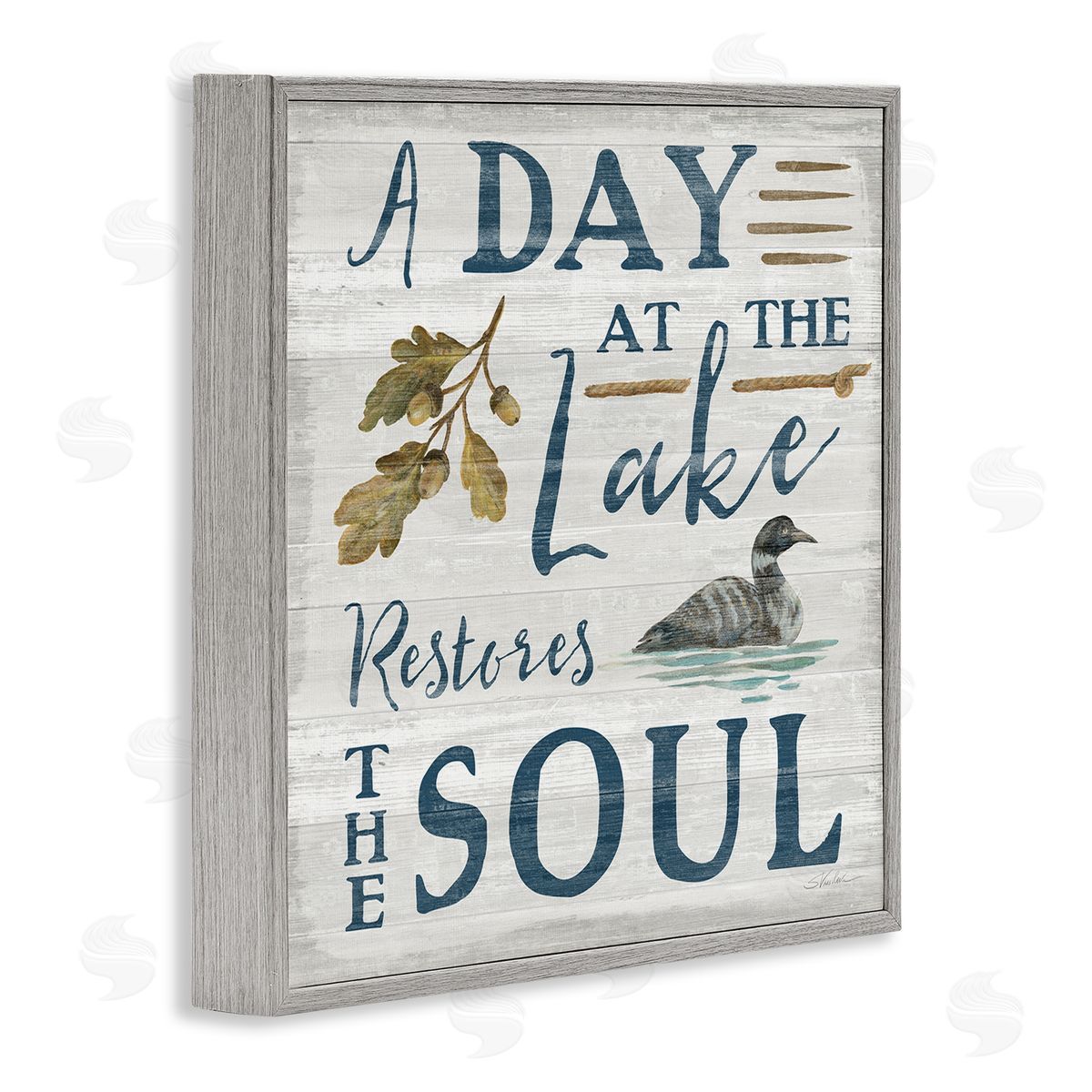 Silvia Vassileva Day At Lake Restores Soul Rustic Quote Grain Pattern  Gray Framed Glicee Wall Art Print