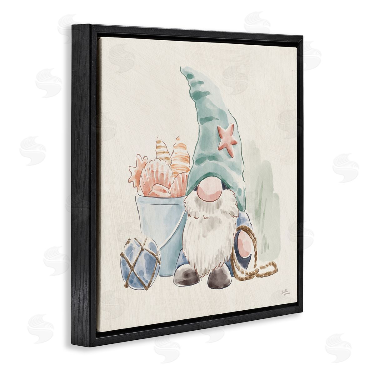 Janelle Penner Fishing Gnome Summertime Starfish Watercolor Illustration Black Floating Frame Canvas Wall Art Print