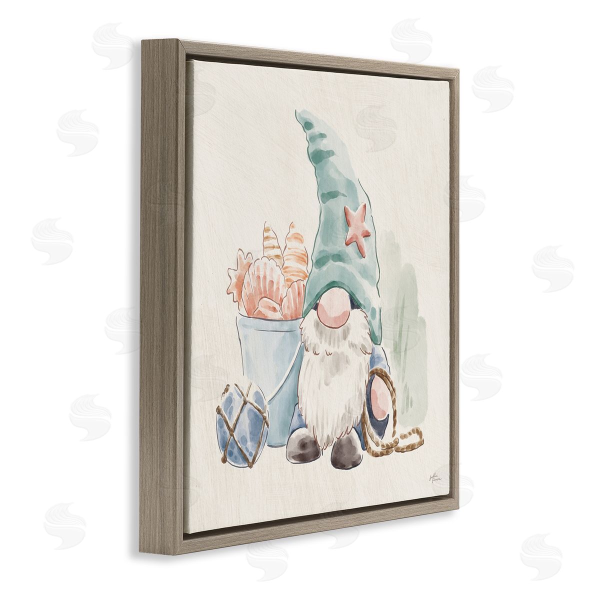 Janelle Penner Fishing Gnome Summertime Starfish Watercolor Illustration Brown Floating Frame Canvas Wall Art Print