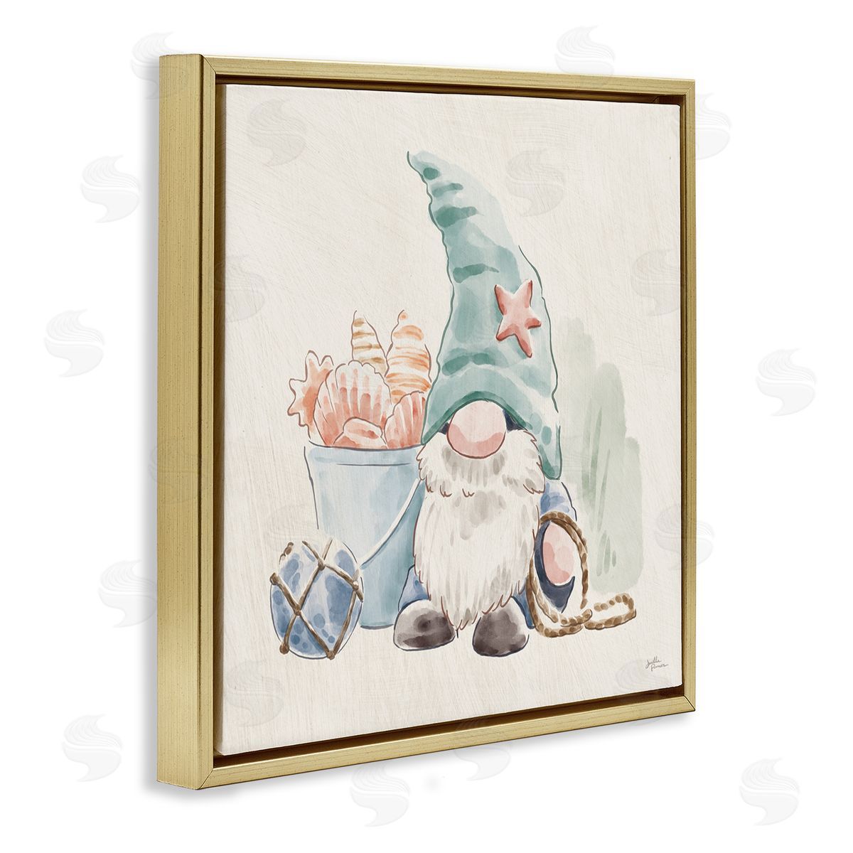 Janelle Penner Fishing Gnome Summertime Starfish Watercolor Illustration Gold Floating Frame Canvas Wall Art Print