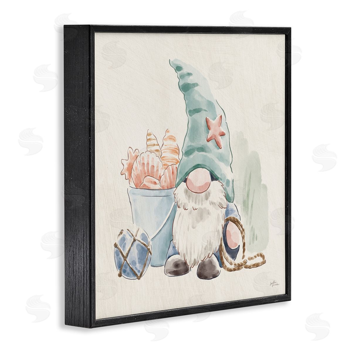 Janelle Penner Fishing Gnome Summertime Starfish Watercolor Illustration Black Framed Glicee Wall Art Print