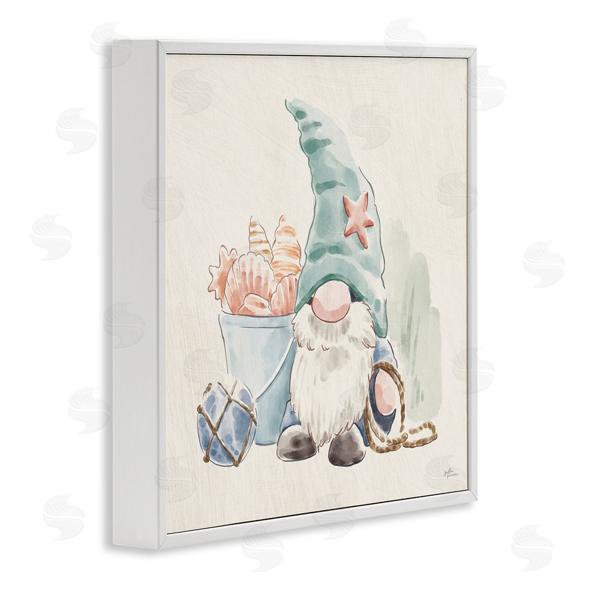 Janelle Penner Fishing Gnome Summertime Starfish Watercolor Illustration White Framed Glicee Wall Art Print