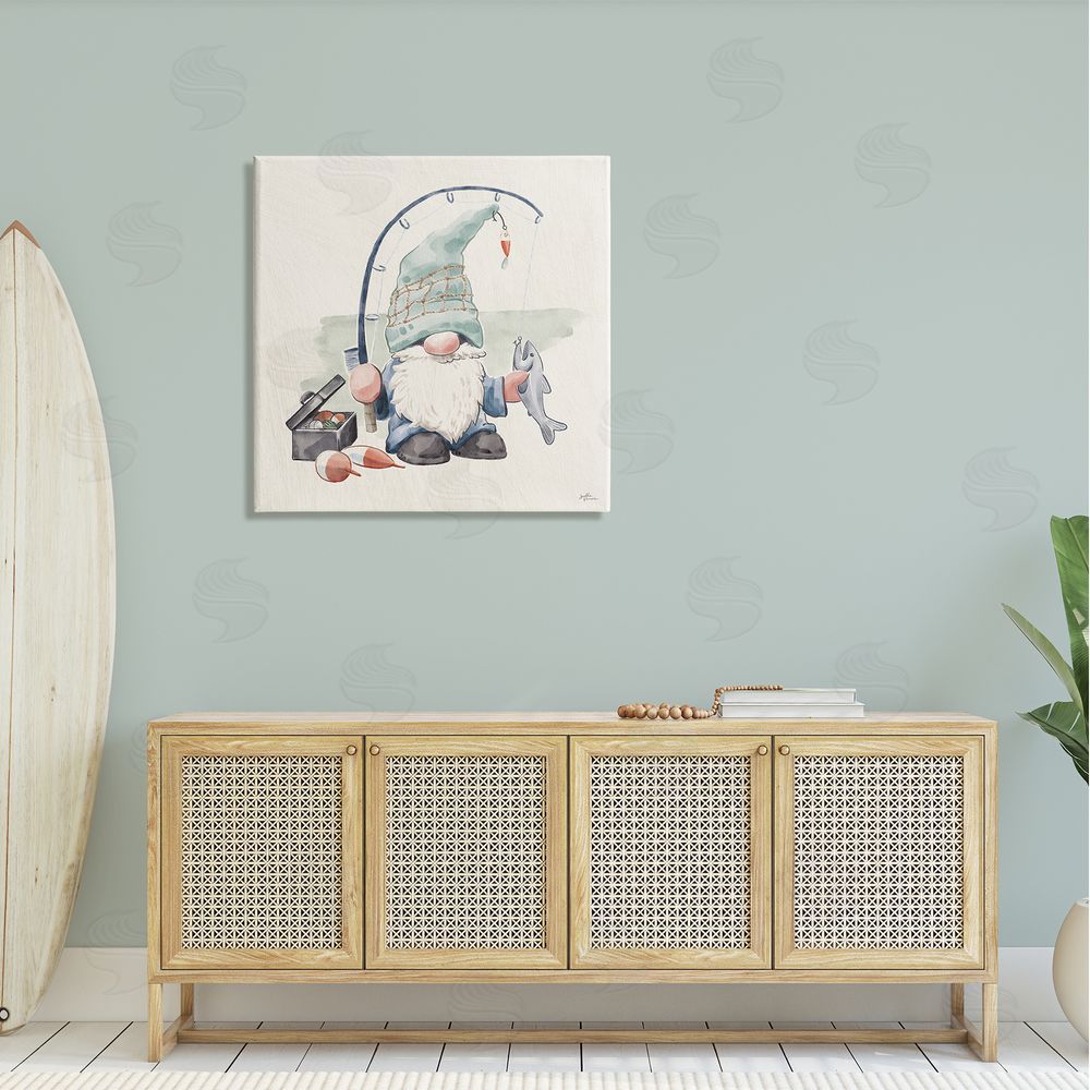 Janelle Penner Gnome Fishing Pole Summer Watercolor Beach Theme Canvas Wall Art in Room