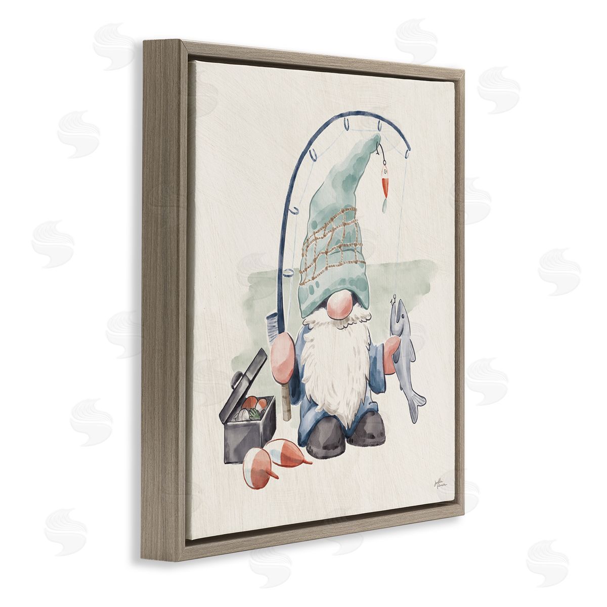 Janelle Penner Gnome Fishing Pole Summer Watercolor Beach Theme Brown Floating Frame Canvas Wall Art Print