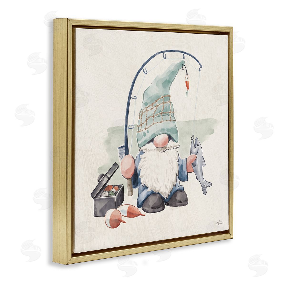 Janelle Penner Gnome Fishing Pole Summer Watercolor Beach Theme Gold Floating Frame Canvas Wall Art Print