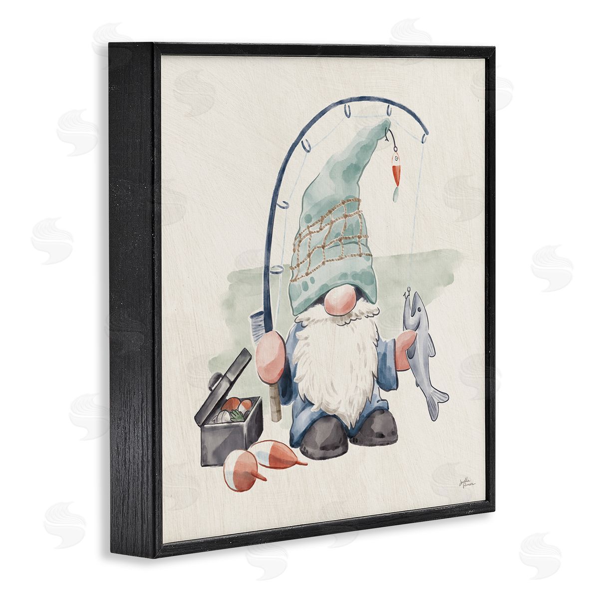 Janelle Penner Gnome Fishing Pole Summer Watercolor Beach Theme Black Framed Glicee Wall Art Print