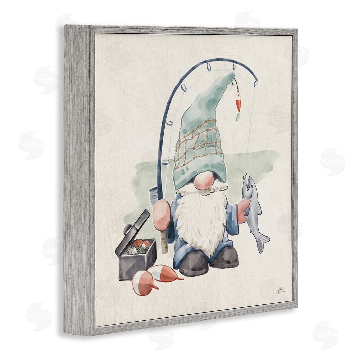 Janelle Penner Gnome Fishing Pole Summer Watercolor Beach Theme Gray Framed Glicee Wall Art Print