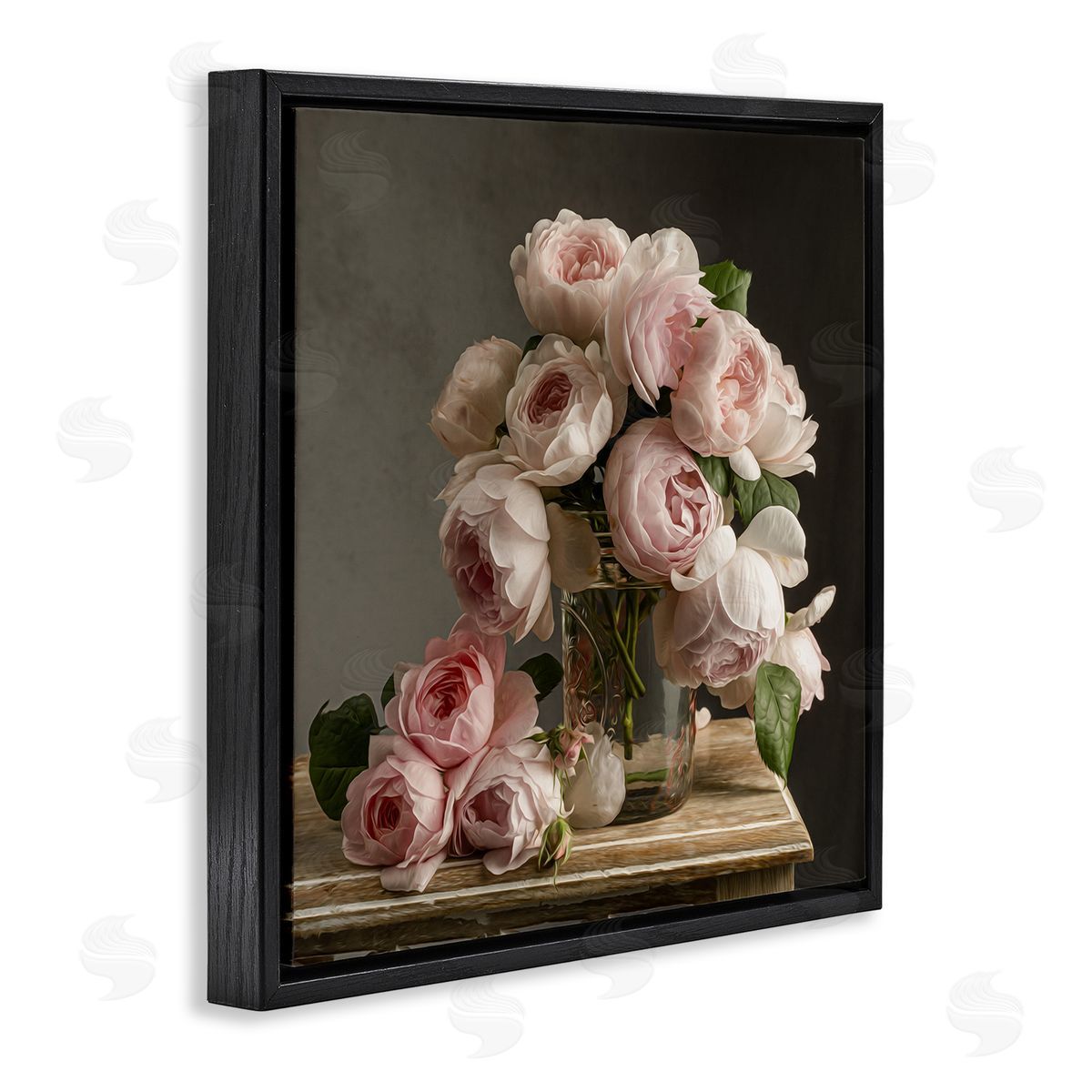 Classical White Pink Roses Black Floating Frame Canvas Wall Art, Home Decor by Leah McLean