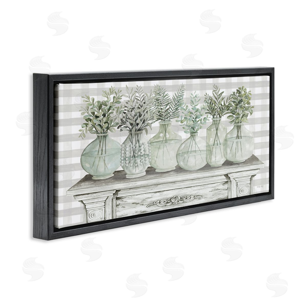 Country Herb Jars on Gingham Black Floating Frame Canvas Wall Art, Home Decor by Cindy Jacobs