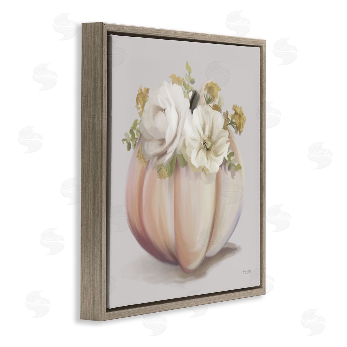 House Fenway Beautiful White Roses Flowers Bouquet Abstract Vase Painting  Brown Floating Frame Canvas Wall Art Print