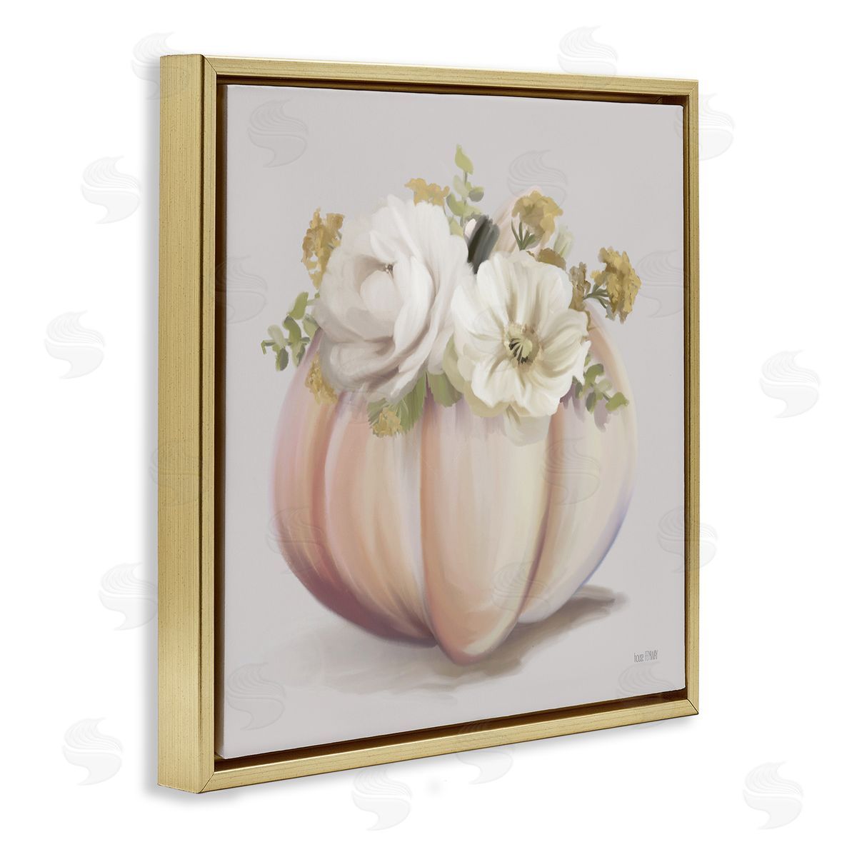 House Fenway Beautiful White Roses Flowers Bouquet Abstract Vase Painting  Gold Floating Frame Canvas Wall Art Print