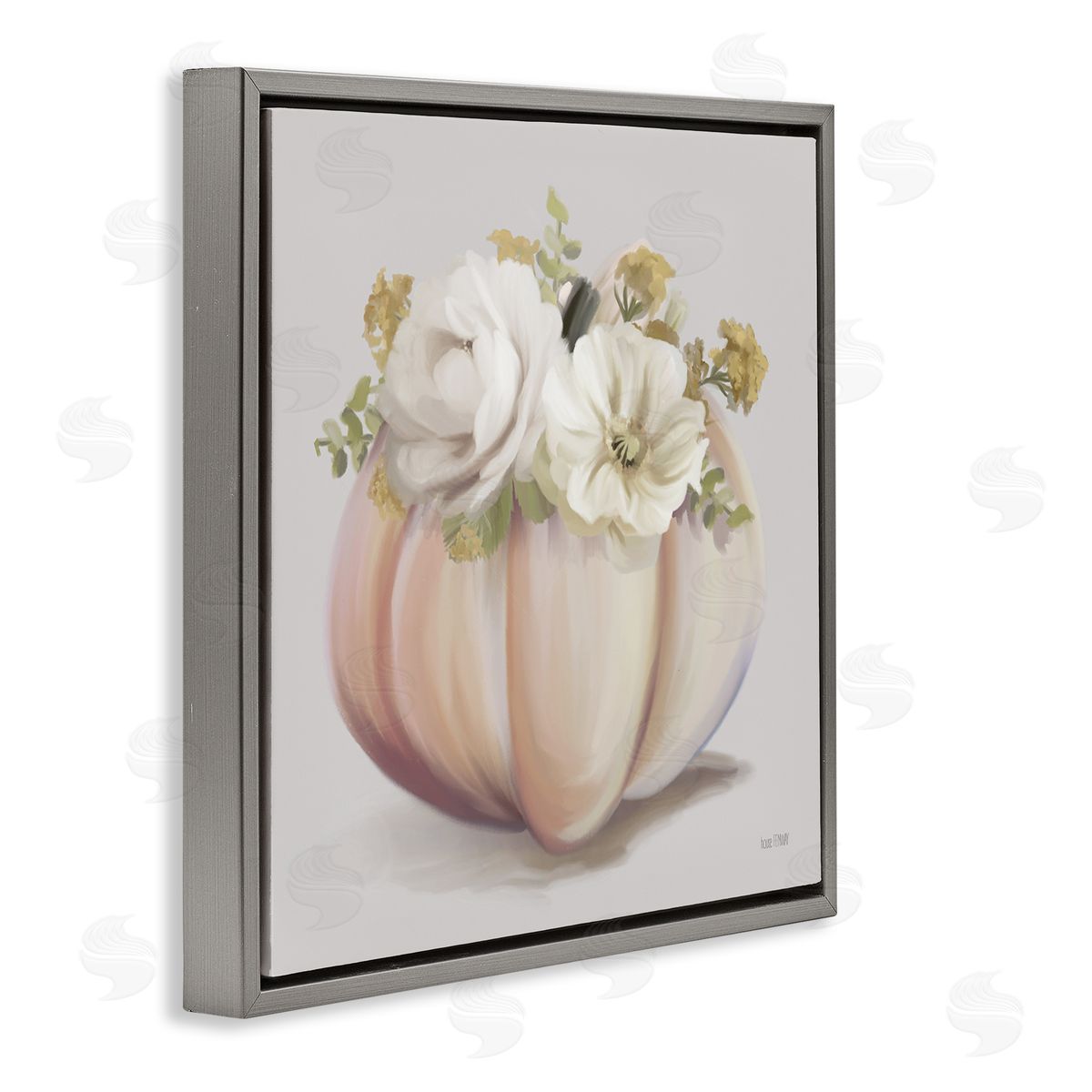 House Fenway Beautiful White Roses Flowers Bouquet Abstract Vase Painting  Gray Floating Frame Canvas Wall Art Print