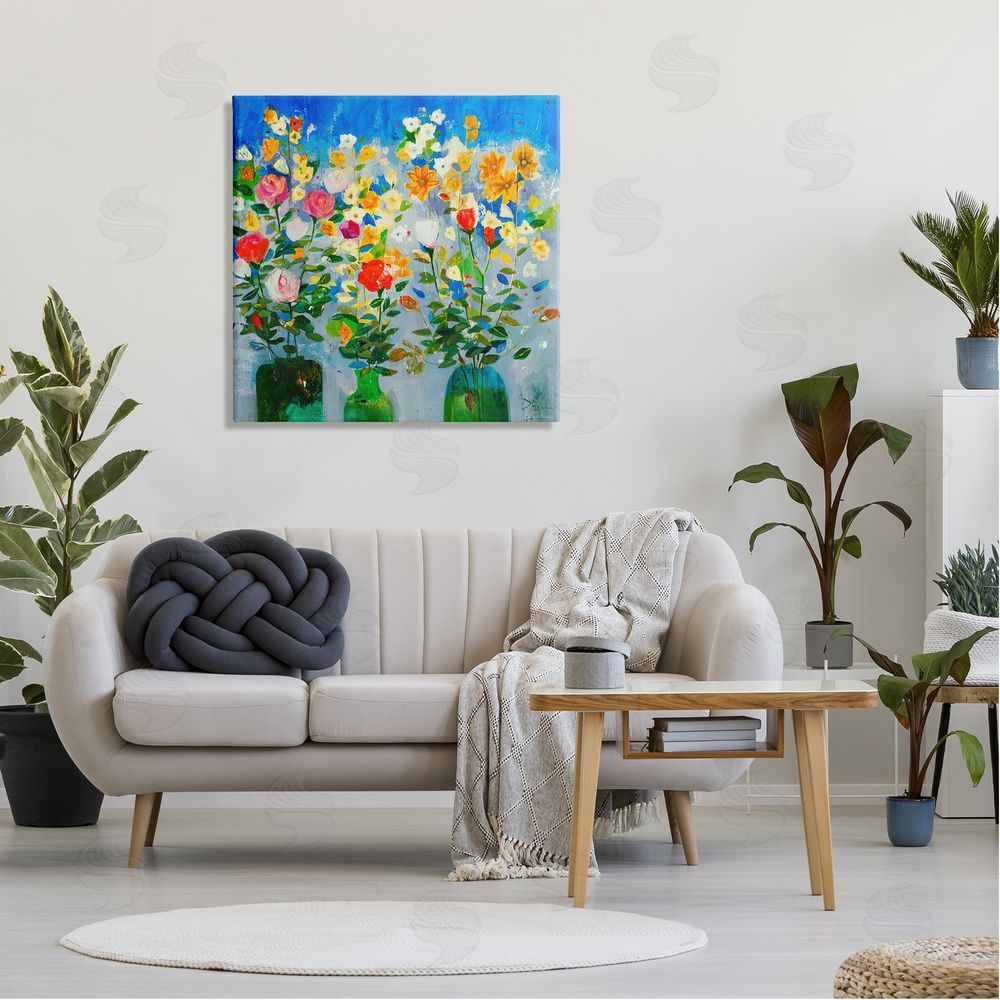 Jill Martin Vivid Flower Arrangement Bold Green Blue Ikebana Design Canvas Wall Art in Room