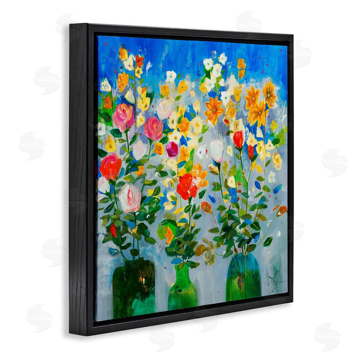Jill Martin Vivid Flower Arrangement Bold Green Blue Ikebana Design Black Floating Frame Canvas Wall Art Print
