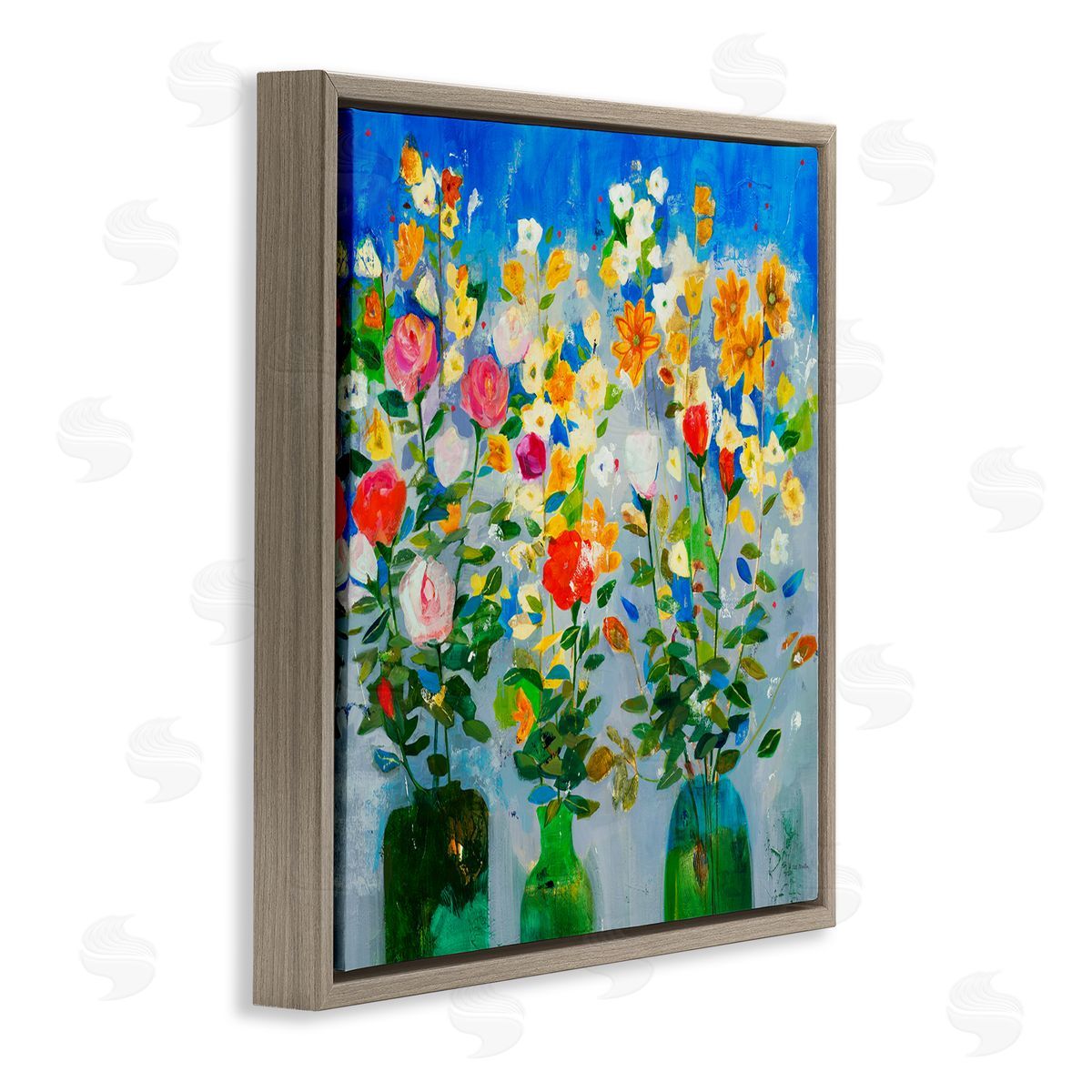 Jill Martin Vivid Flower Arrangement Bold Green Blue Ikebana Design Brown Floating Frame Canvas Wall Art Print