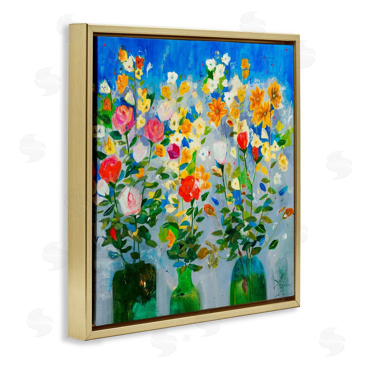 Jill Martin Vivid Flower Arrangement Bold Green Blue Ikebana Design Gold Floating Frame Canvas Wall Art Print