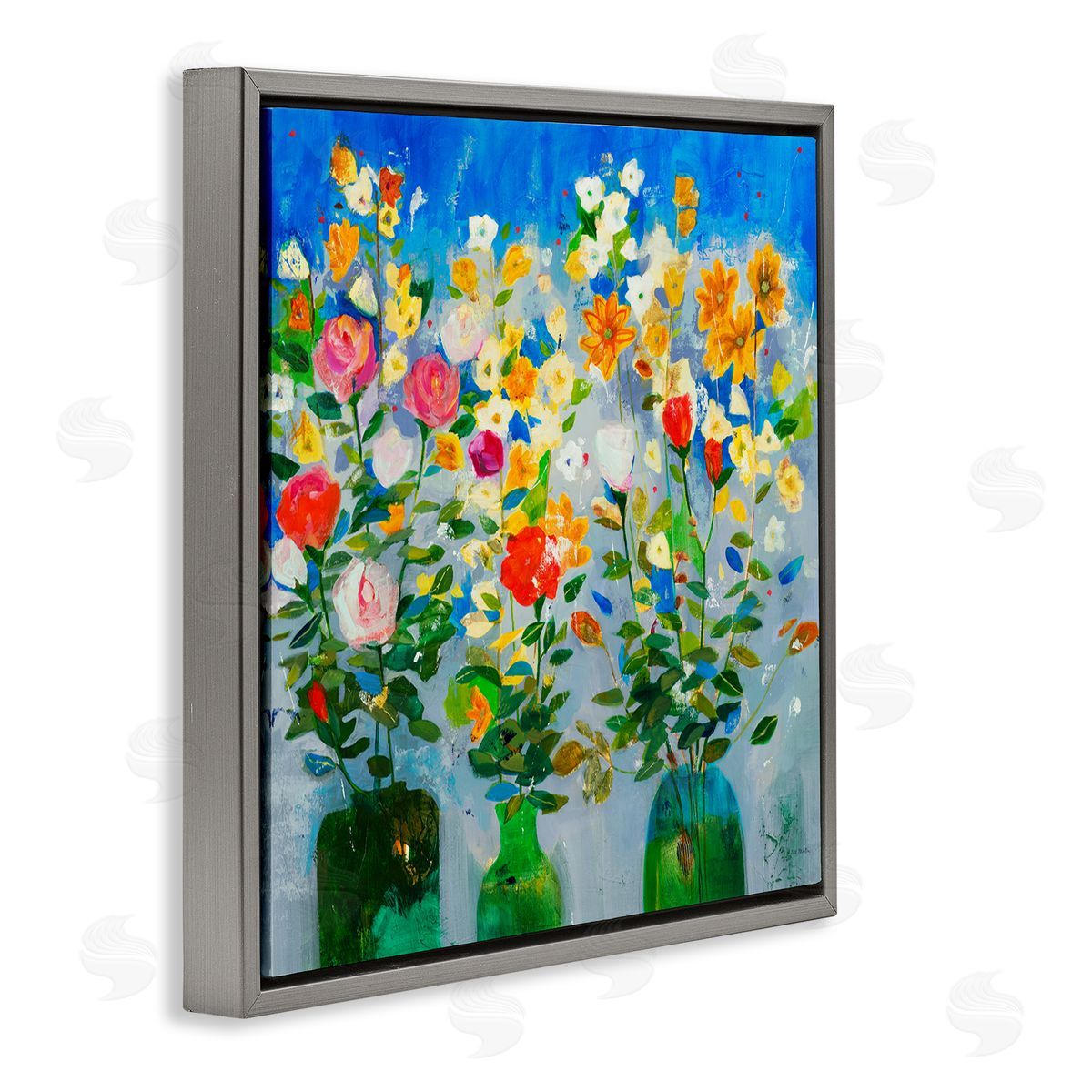 Jill Martin Vivid Flower Arrangement Bold Green Blue Ikebana Design Gray Floating Frame Canvas Wall Art Print