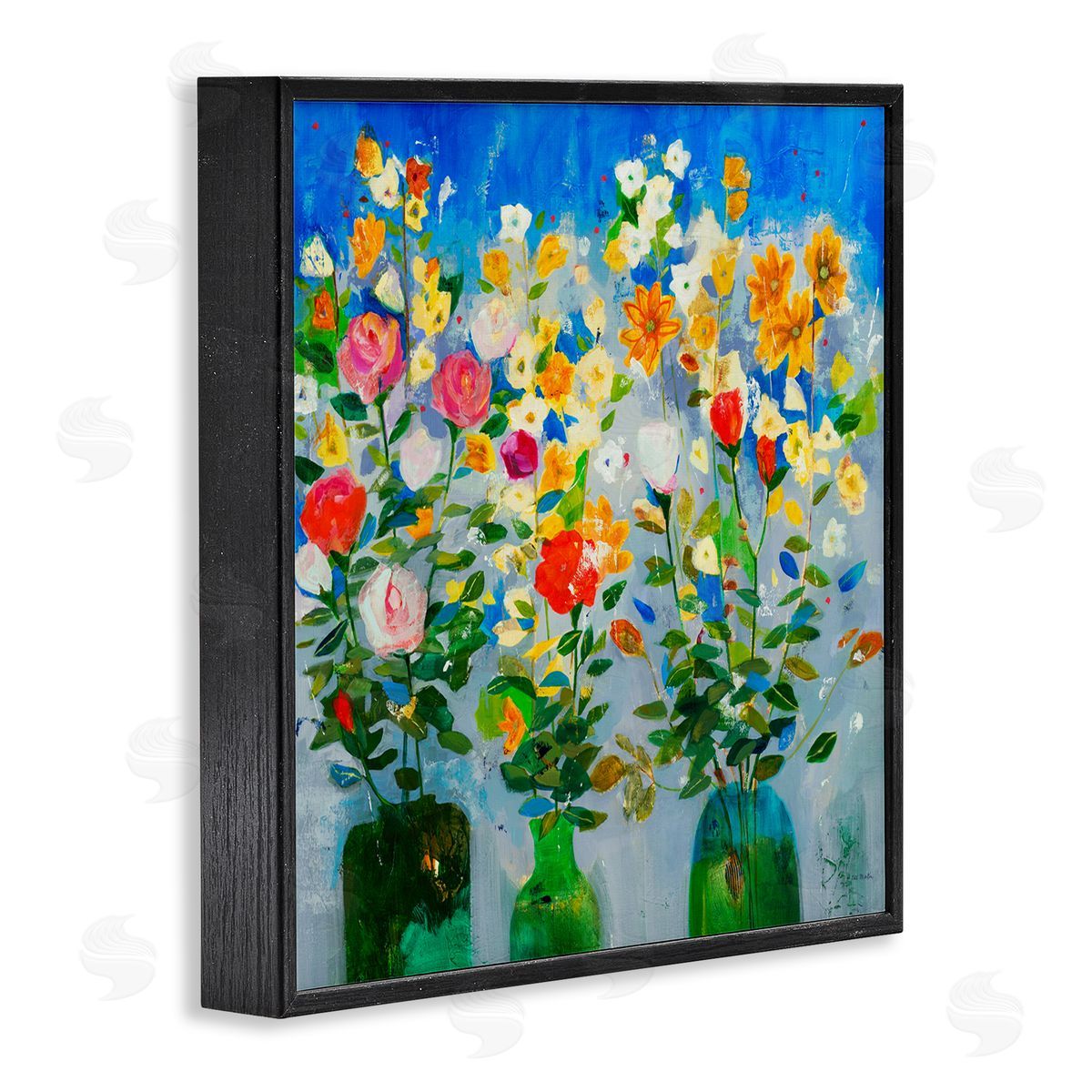 Jill Martin Vivid Flower Arrangement Bold Green Blue Ikebana Design Black Framed Glicee Wall Art Print