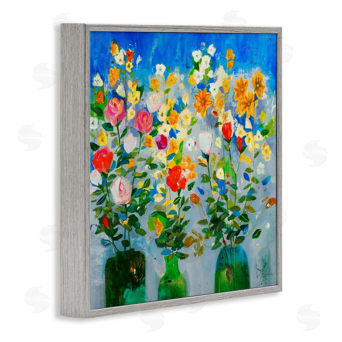 Jill Martin Vivid Flower Arrangement Bold Green Blue Ikebana Design Gray Framed Glicee Wall Art Print