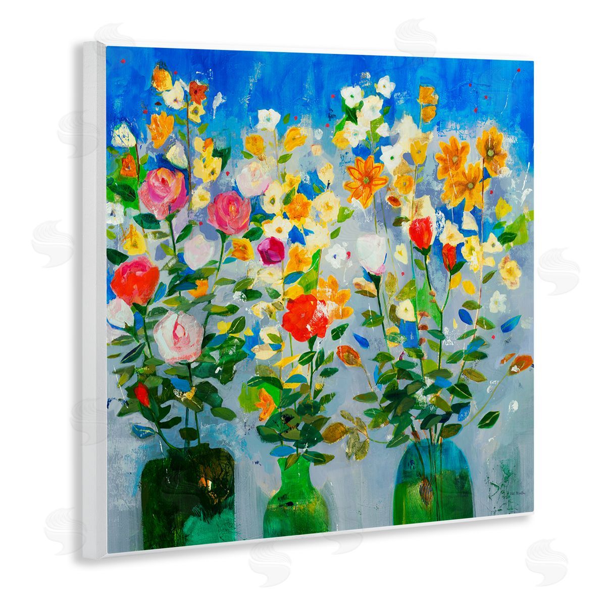 Jill Martin Vivid Flower Arrangement Bold Green Blue Ikebana Design Wooden Wall Plaque Art Print