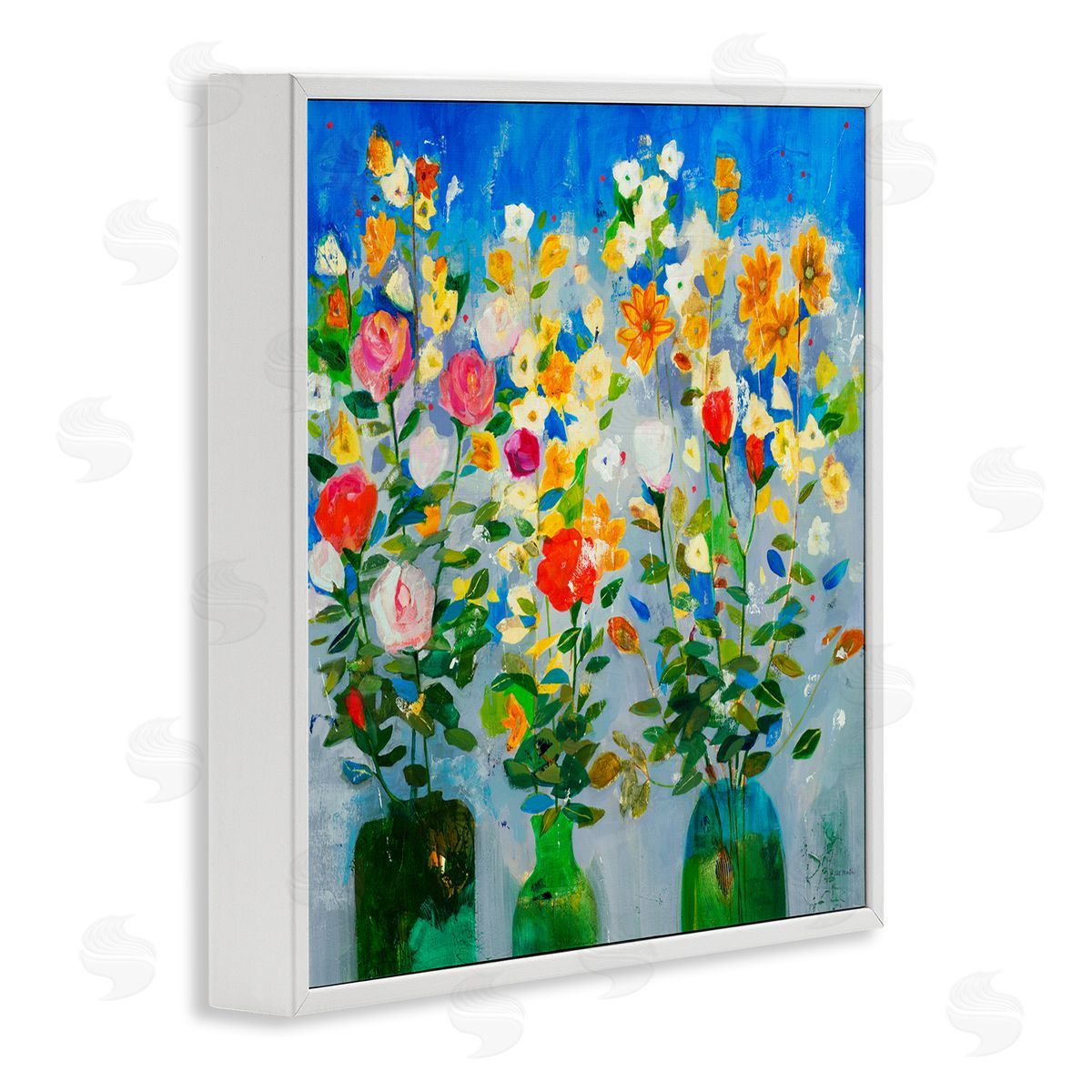 Jill Martin Vivid Flower Arrangement Bold Green Blue Ikebana Design White Framed Glicee Wall Art Print