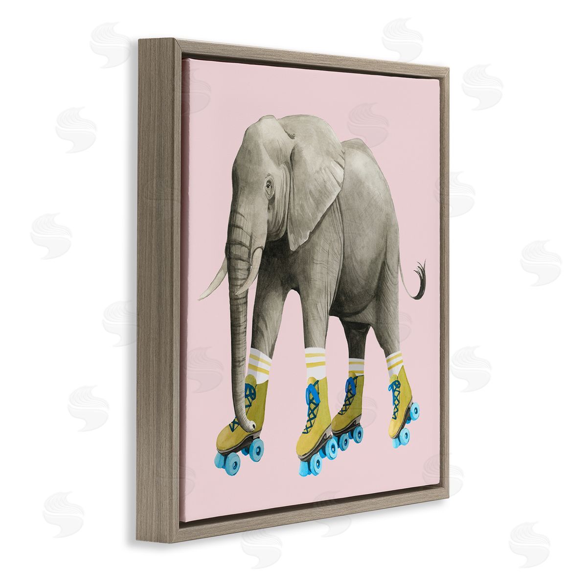 Grace Popp Quirky Elephant Roller Skating Retro Pink Background  Brown Floating Frame Canvas Wall Art Print
