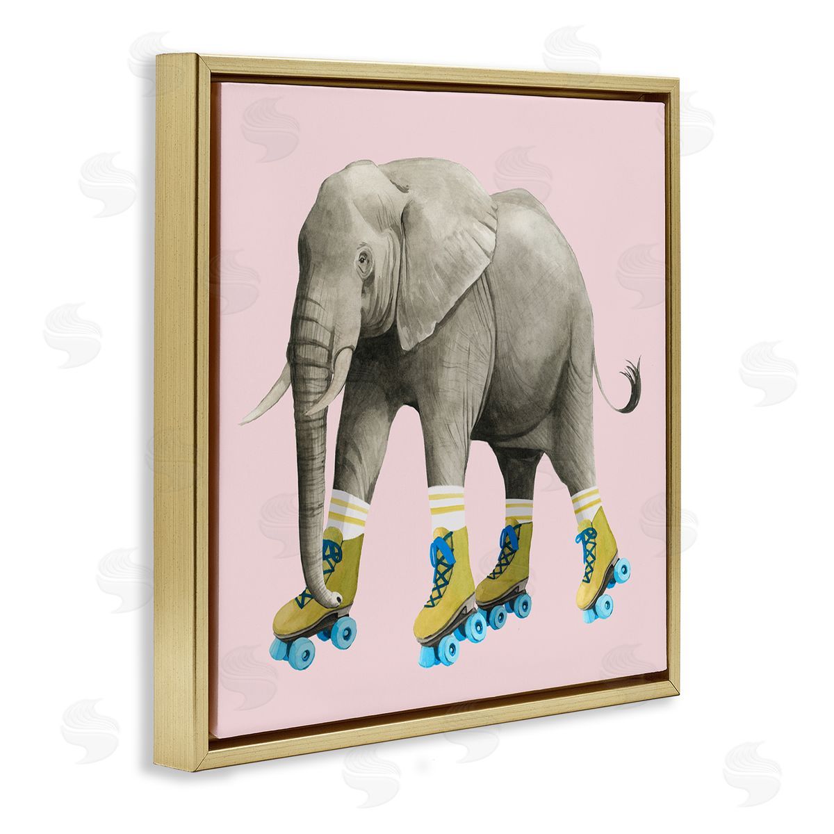 Grace Popp Quirky Elephant Roller Skating Retro Pink Background  Gold Floating Frame Canvas Wall Art Print