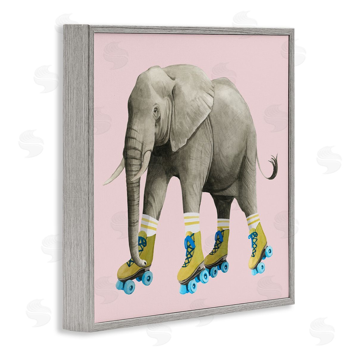 Grace Popp Quirky Elephant Roller Skating Retro Pink Background  Gray Framed Glicee Wall Art Print