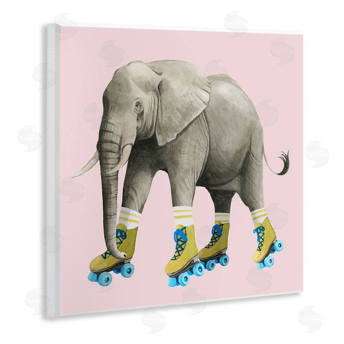 Grace Popp Quirky Elephant Roller Skating Retro Pink Background  Wooden Wall Plaque Art Print