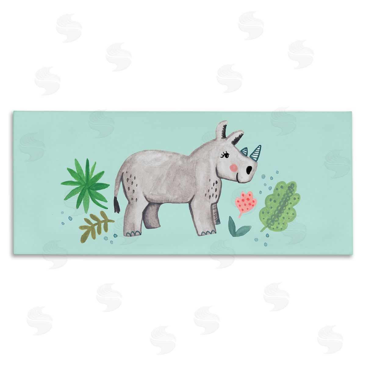 Heather Strianese Rhino Illustration Plants Leaves Turquoise Background Design